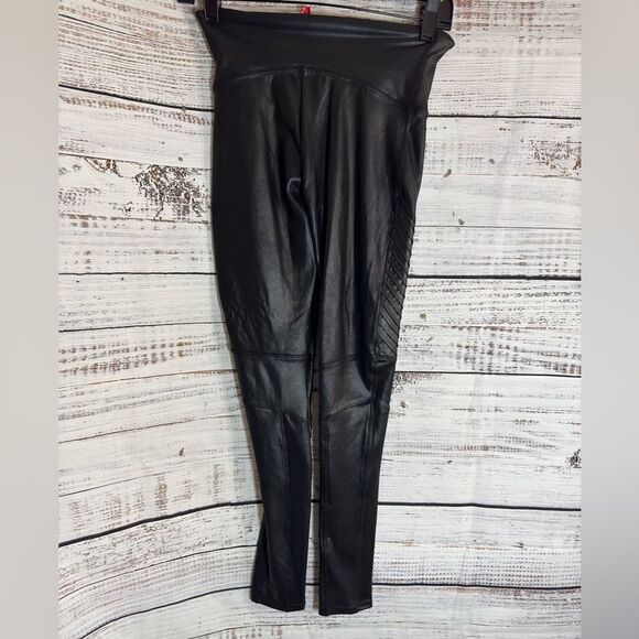 Spanx faux leather Moto leggings Womens size Small Very Black Slim Fit Sculpt - Picture 3 of 12